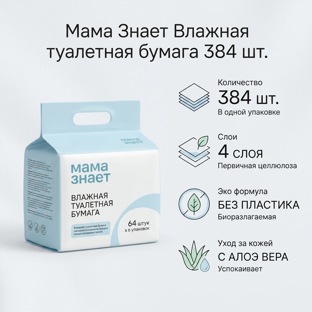 Мама Знает влажная туалетная бумага 4-слойный 384 шт, первичная целлюлоза