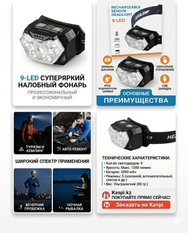 Фонарь Headlamp ONE-9-LED-SENSOR налобный черный