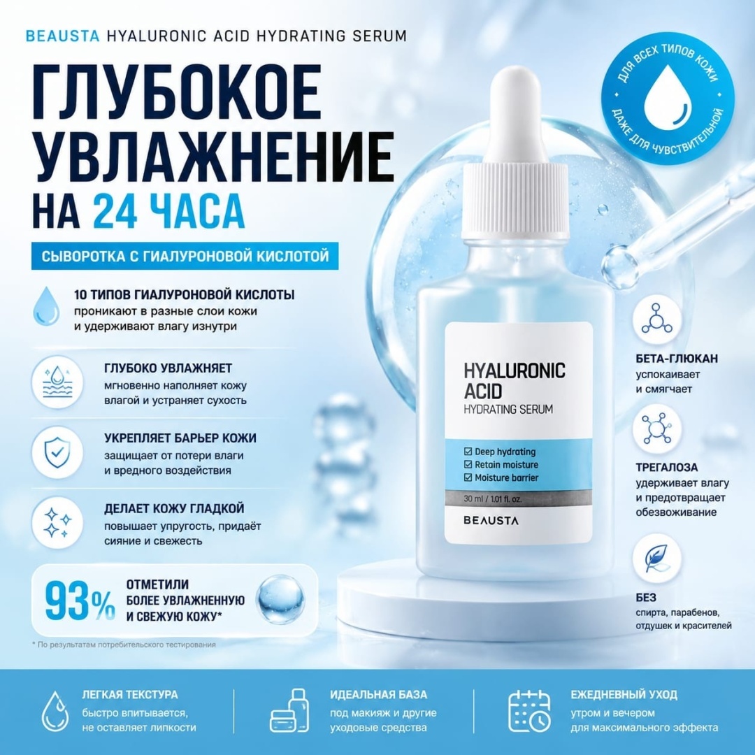 BEAUSTA сыворотка Hyaluronic Acid Hydrating Serum для лица, для области вокруг глаз, для зоны декольте 30 мл