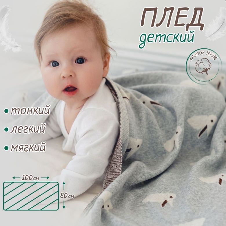 Детский плед Mello 100х80 см, хлопок, серый