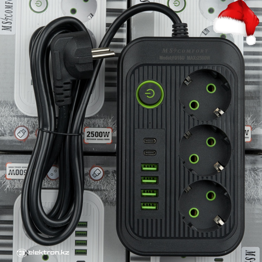 Удлинитель MS Comfort F016U, 2 м, с выходами USB (4шт) и Type-C (2шт)