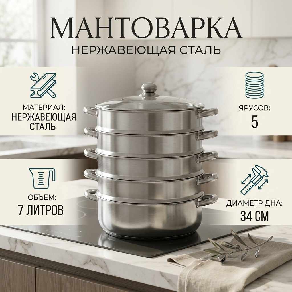 Мантоварка 7 л, нержавеющая сталь, количество ярусов: 5