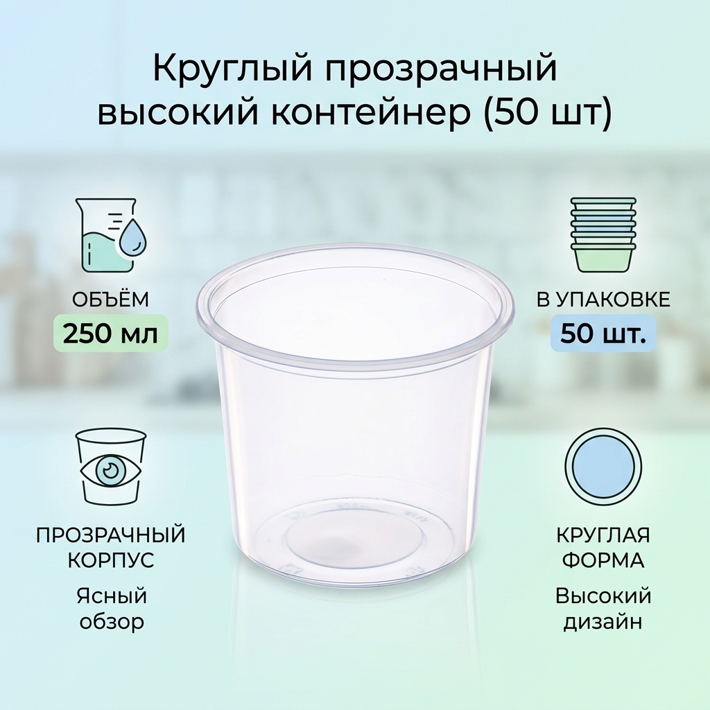 Контейнер круглый прозрачный высокий 250 мл d 95 мм (50 шт)