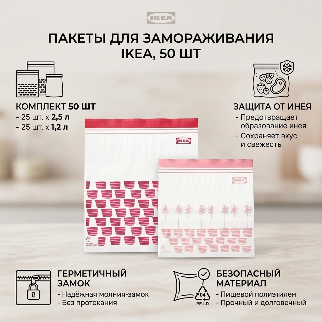 Пакеты для замораживания продуктов IKEA из полиэтилена для морозильной камеры, комплект 50 шт 2,5 л и 1,2 л