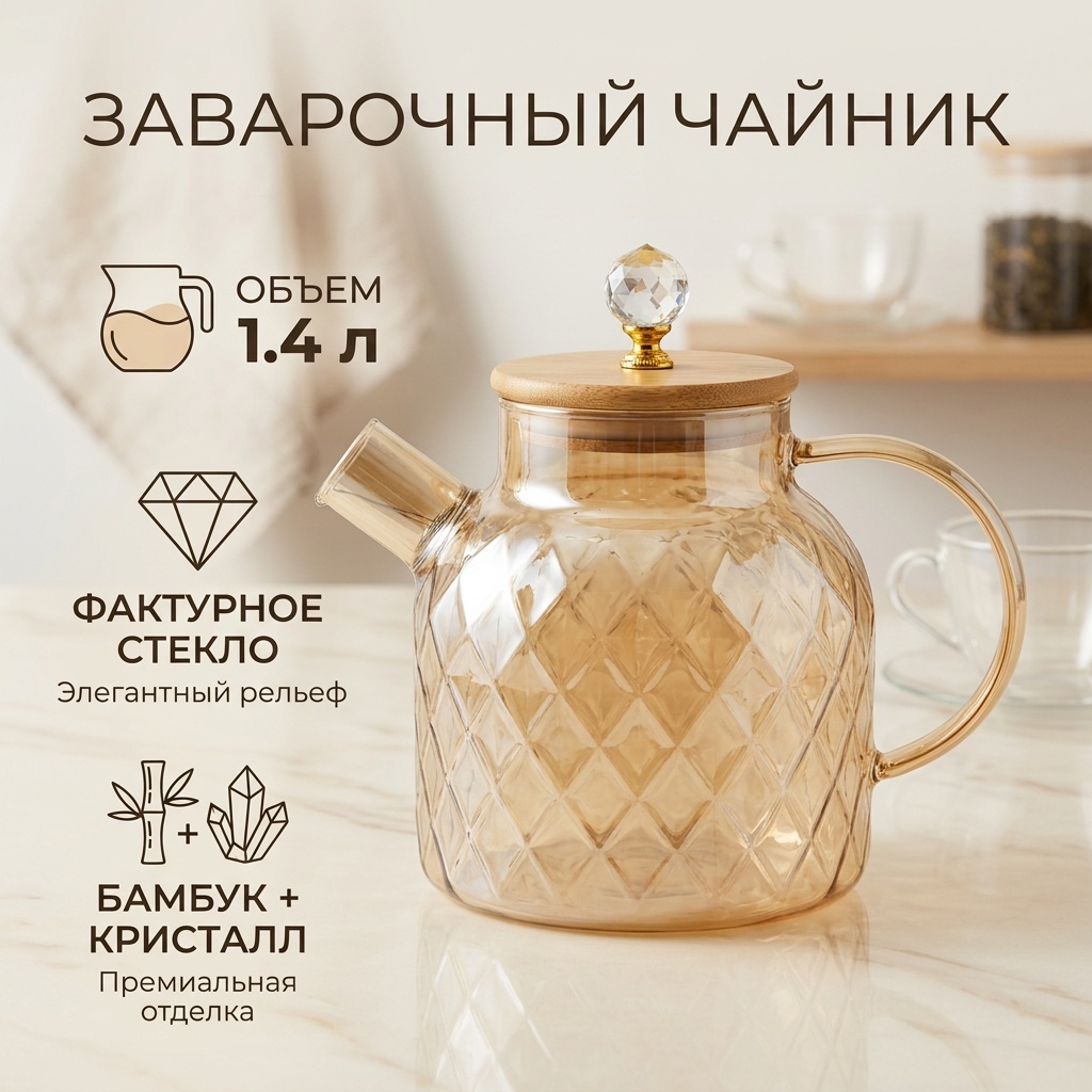 Чайник 7293 1.4 л, стекло, дерево