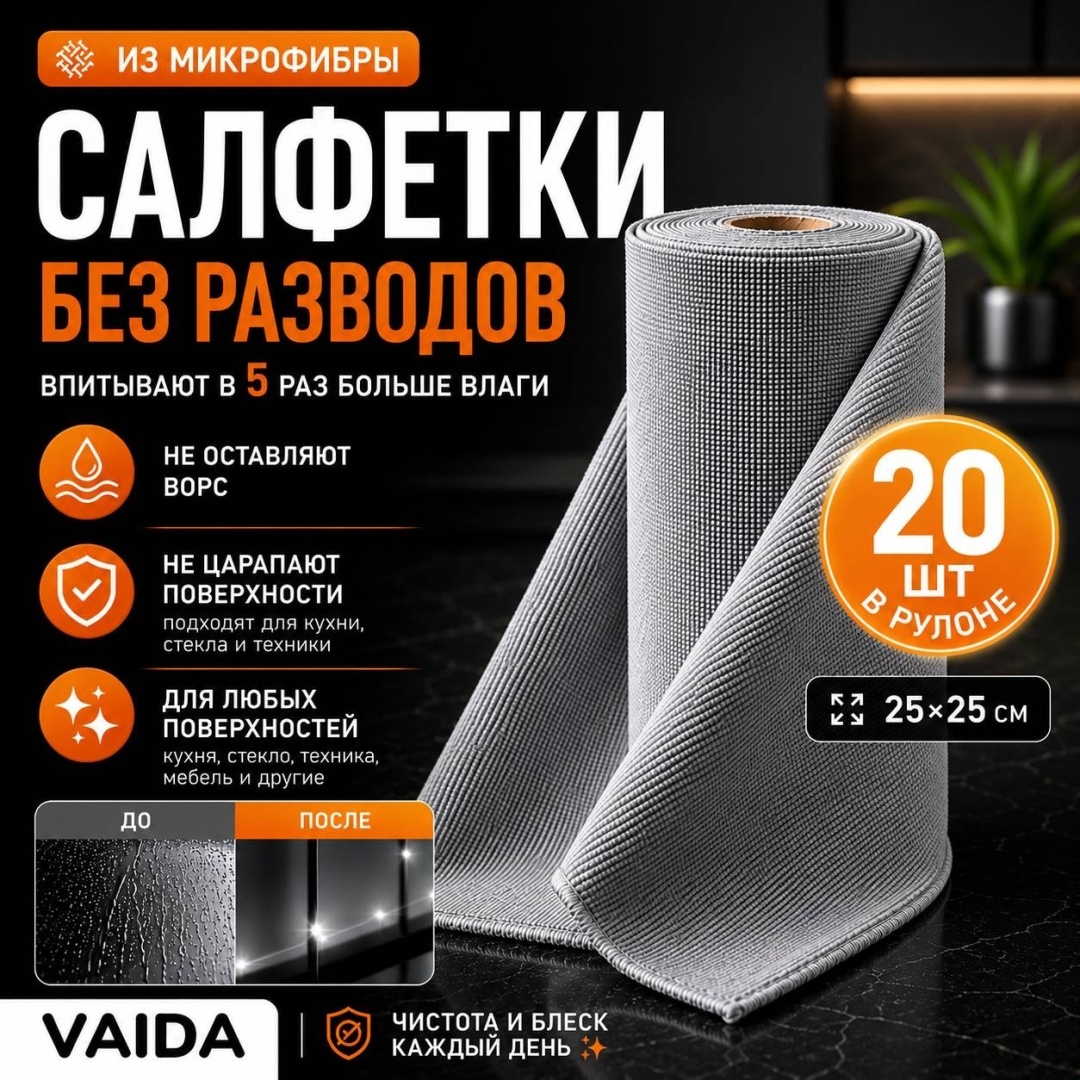 Тряпки-салфетки из микрофибры в рулоне VAIDA, 20 шт, серые