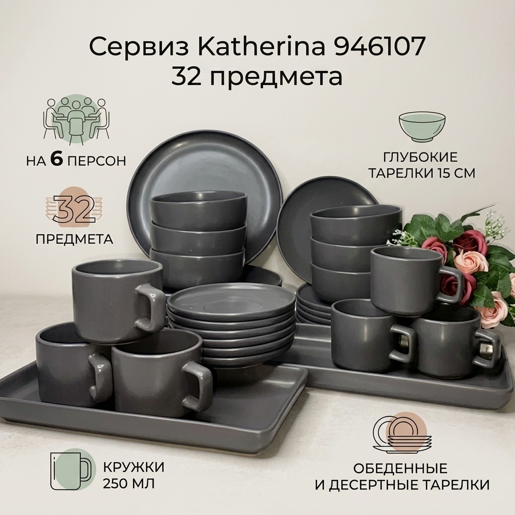 Сервиз на 6 персон Katherina Однотонный, предметов: 32, чайно-столовый, керамика