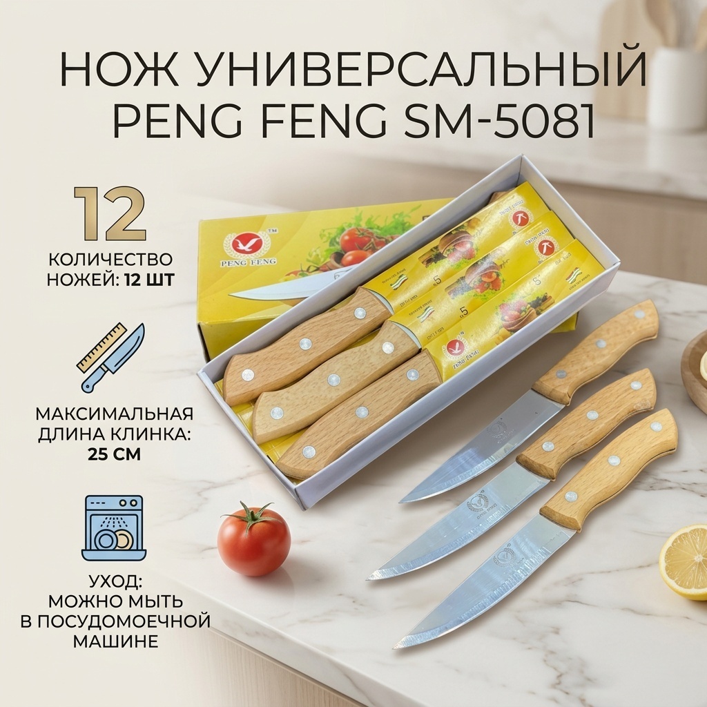 Нож универсальный PENG FENG, лезвие: нержавеющая сталь 12 шт