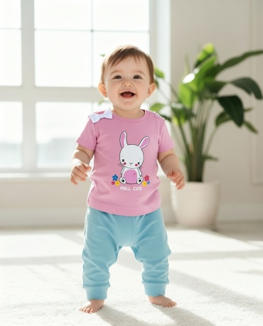 Футболка Jas-Baglan Рисунок с кроликом и цветами, надпись MALL CUTE розовый