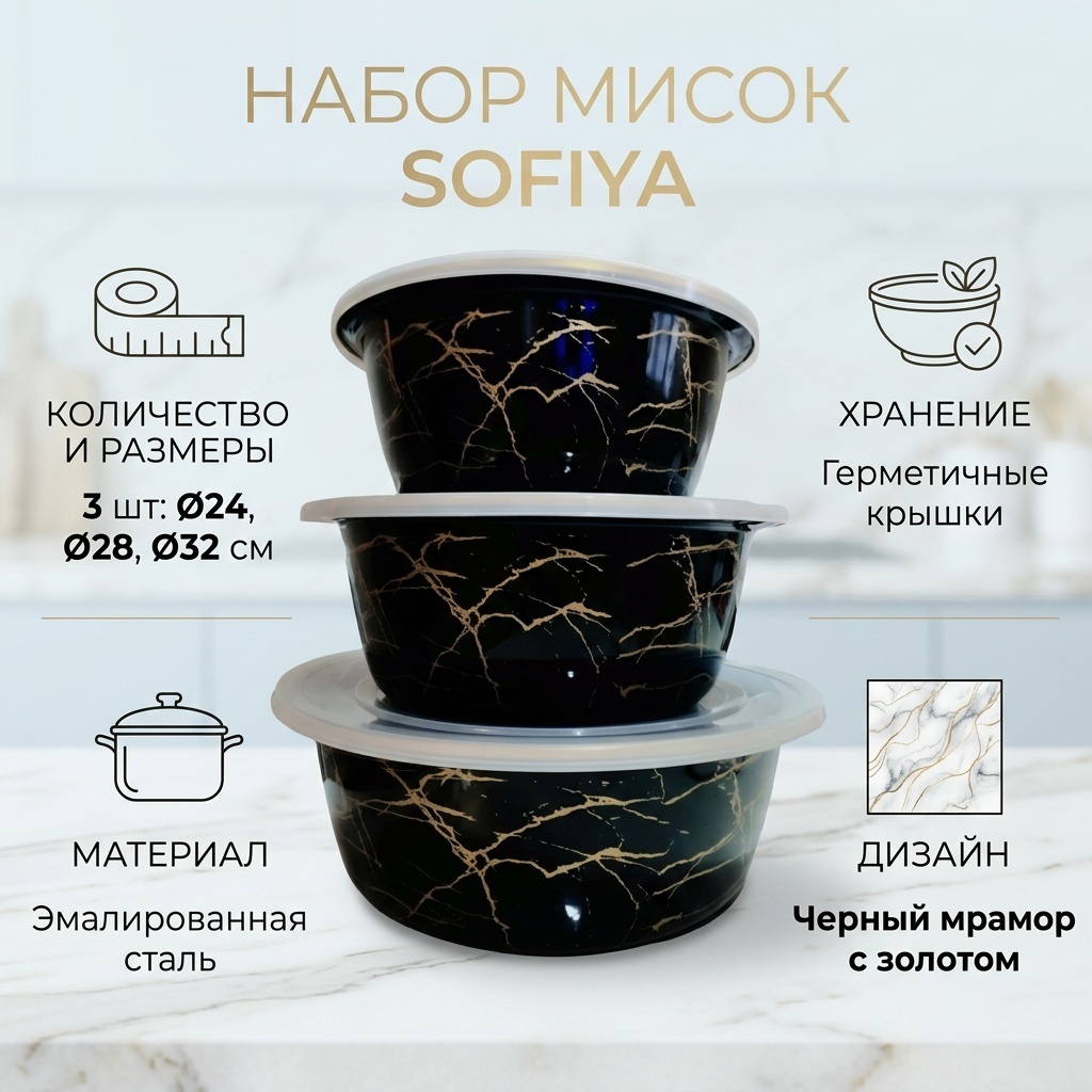 Миска SOFIYA 32х32 см, эмалированная сталь, 3 шт