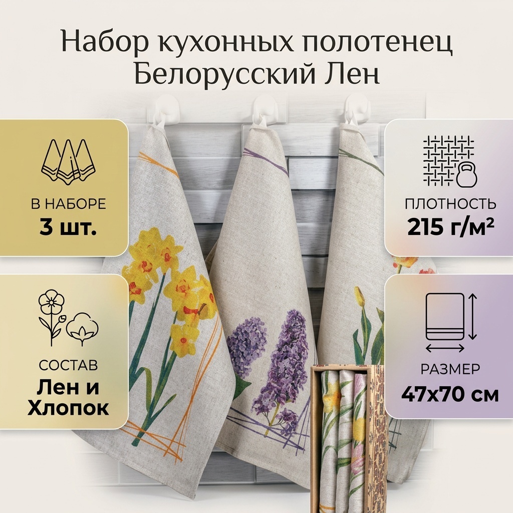 Набор полотенец Белорусский Лен 70x47 см, хлопок, лен, 3 шт,