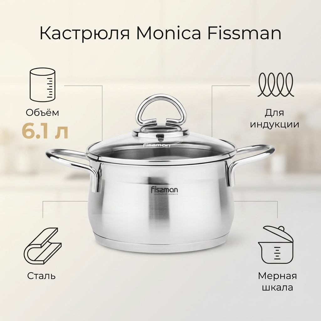 Кастрюля 6.1 л, Fissman Monica сталь