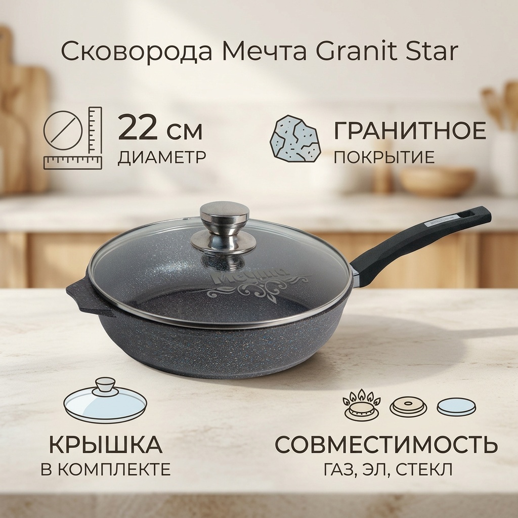 Сковорода Мечта Granit Star 22 см с антипригарным покрытием, алюминий