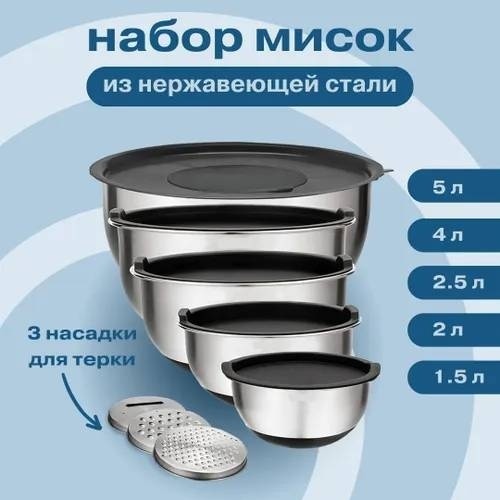 Набор мисок BIZ 28х28 см, нержавеющая сталь, силикон, 5 шт