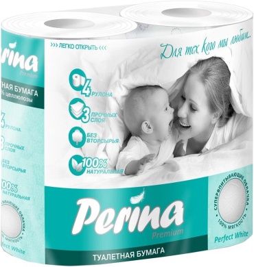 Perina туалетная бумага 3-слойный 4 шт, первичная целлюлоза