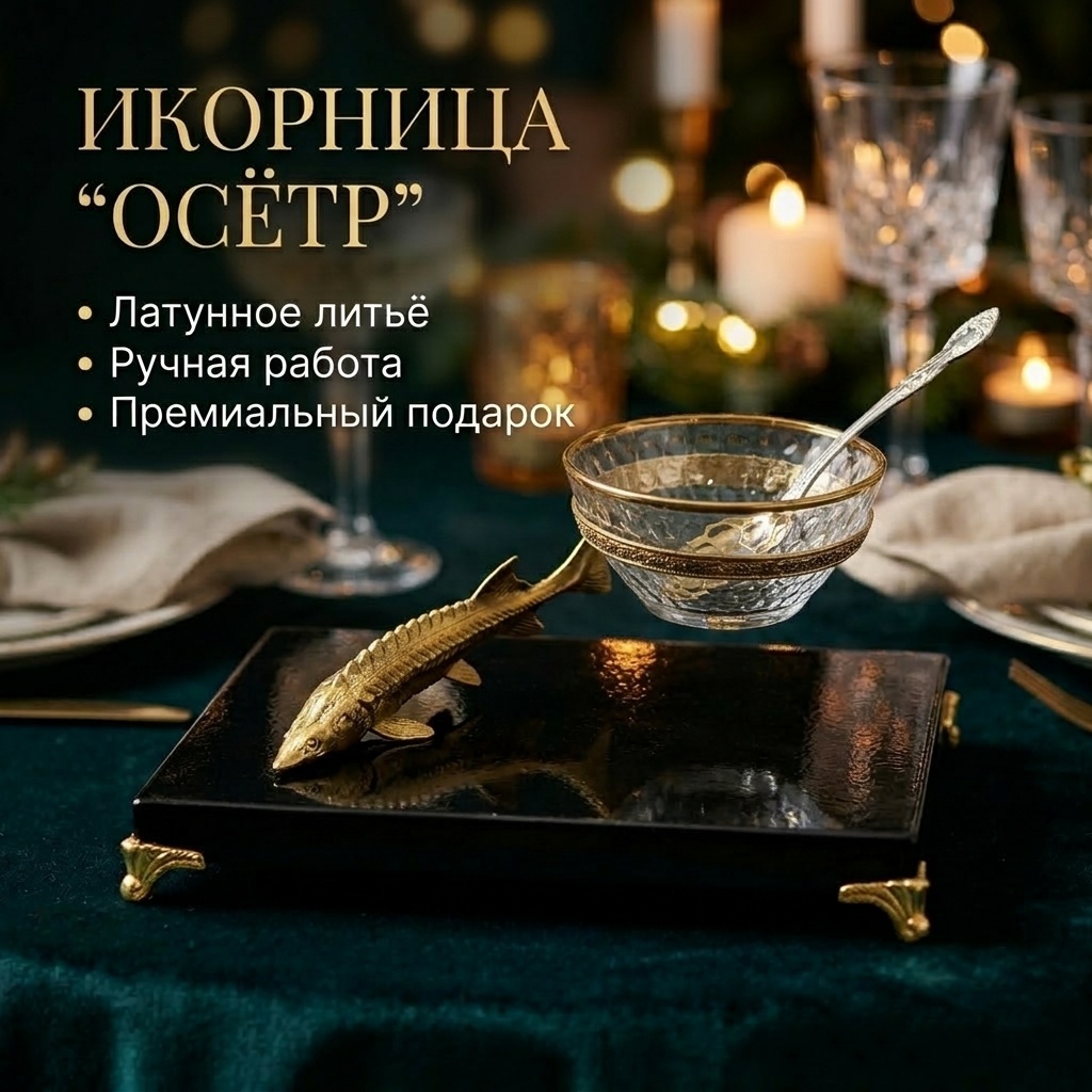Викинг икорница Осетр, латунь, серебро, стекло