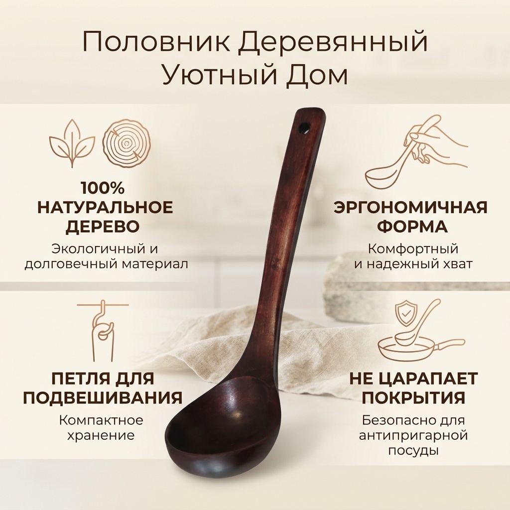 Половник Уютный дом дерево, 1 шт
