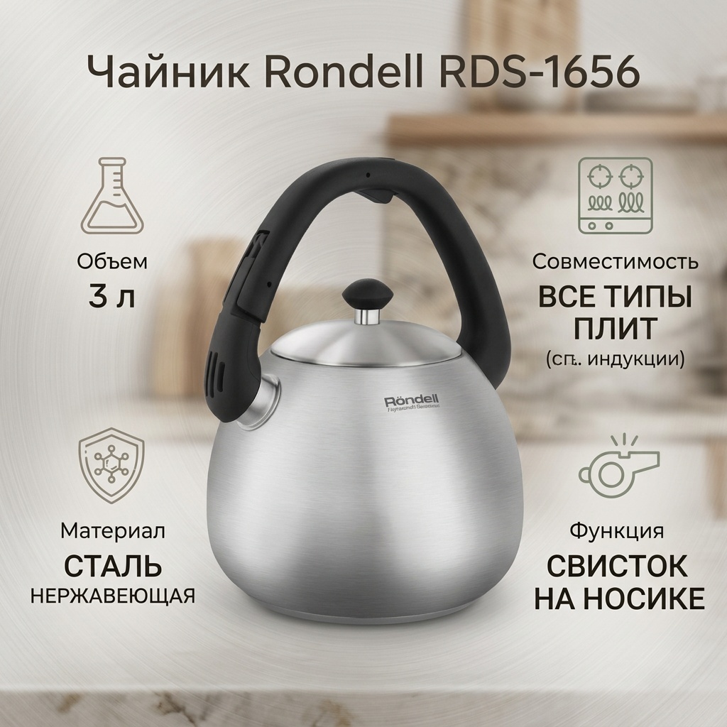 Rondell чайник RDS-1656 3 л, нержавеющая сталь