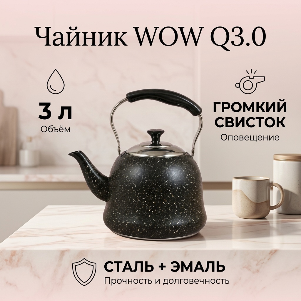 WOW чайник Q3.0-black 3 л, нержавеющая сталь, эмаль