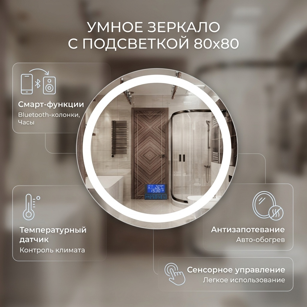 Умное зеркало настенное MIRROR 80x80 см