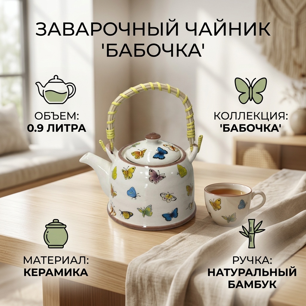 Чайник Бабочка Cha333 0.9 л, керамика