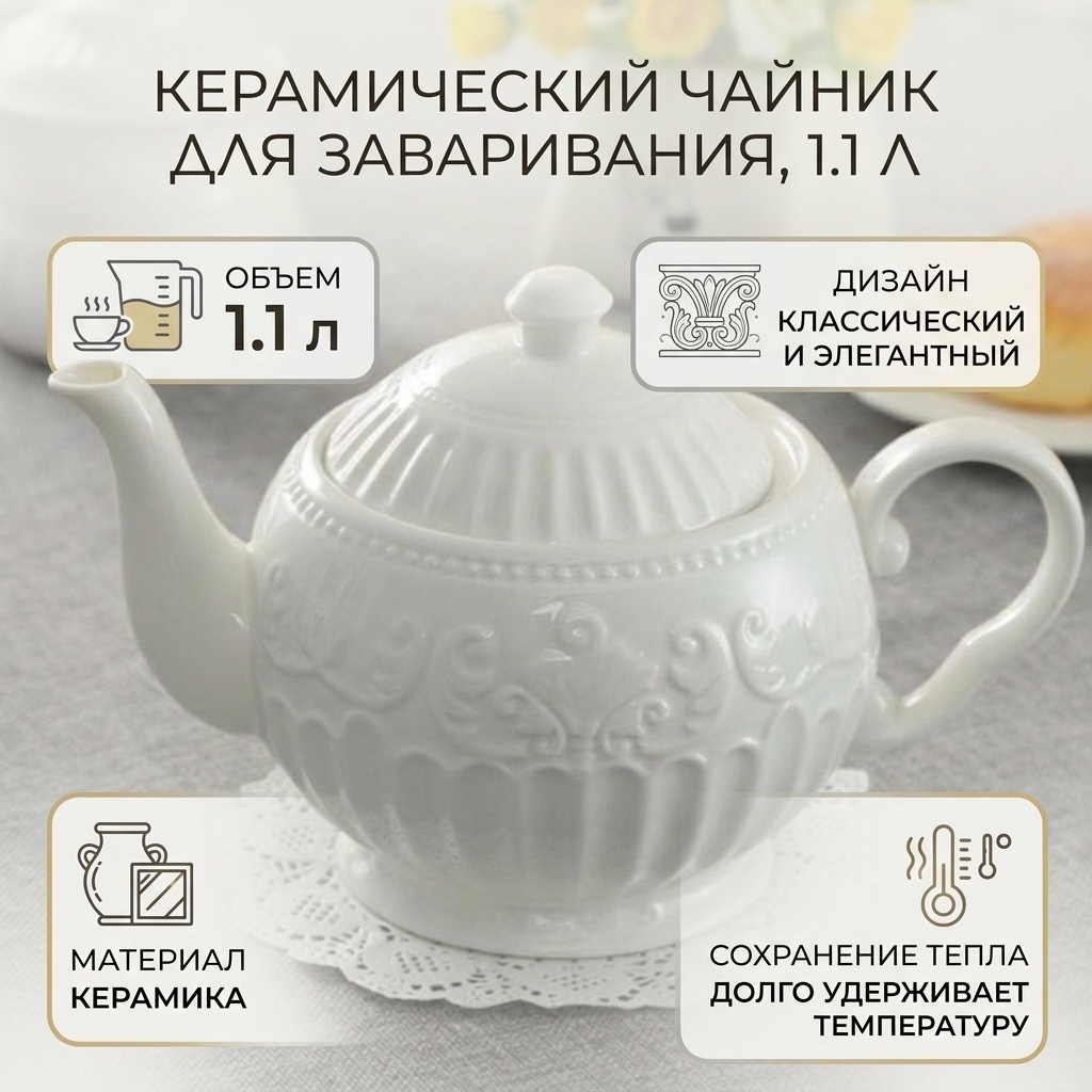 Чайник 30119481_930782265 1.1 л, керамика