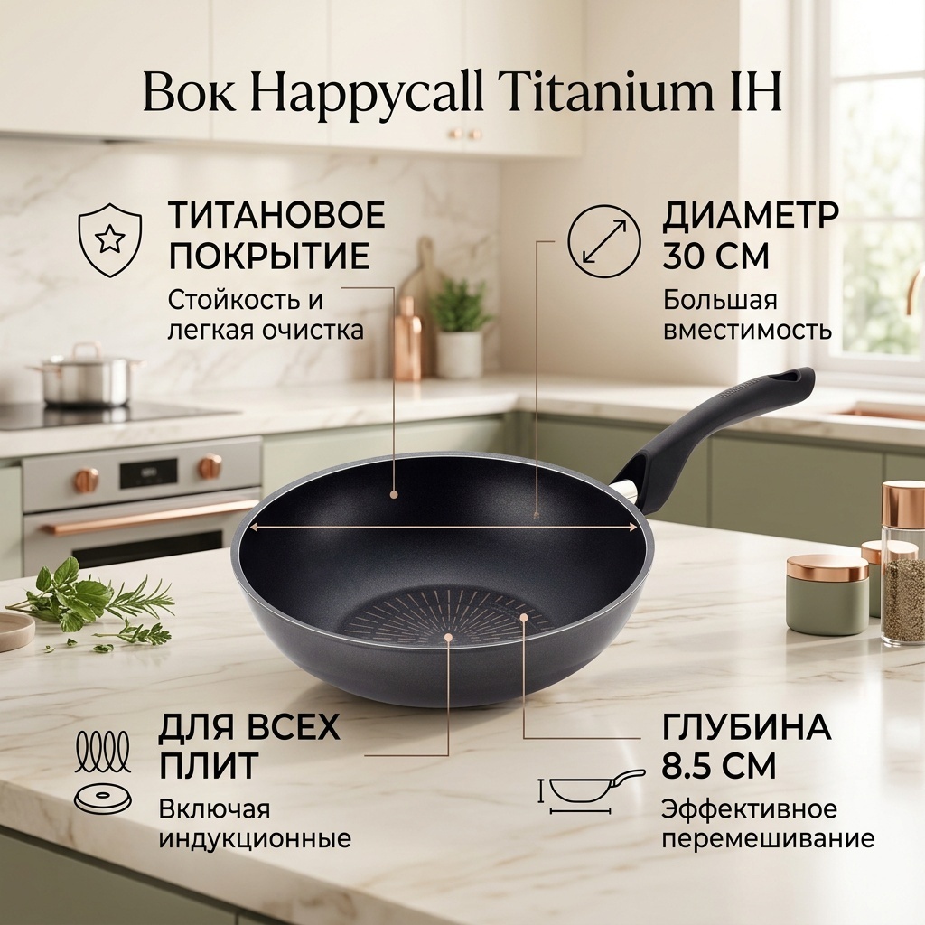 Вок Happycall Titanium IH 30 см с антипригарным покрытием, алюминий