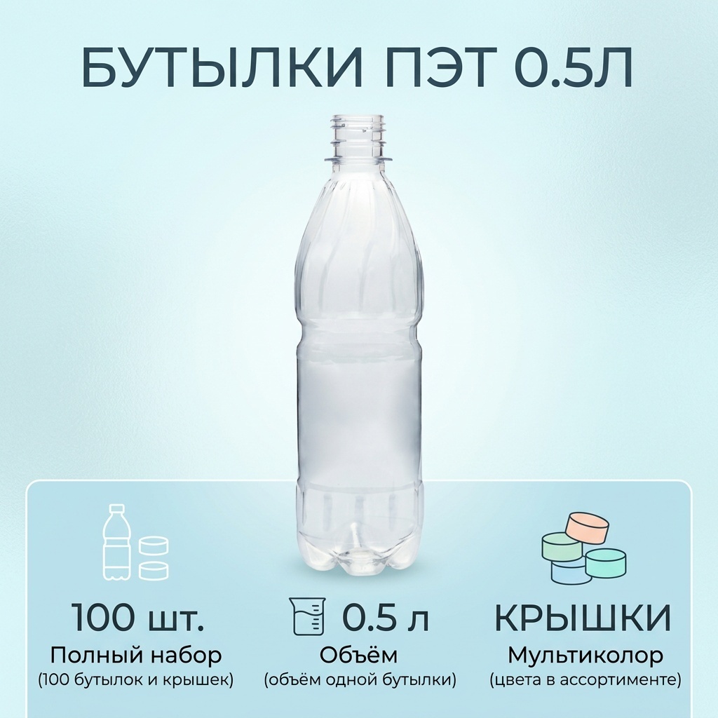 Бутылка ПЭТ 0.5л прозрачная с крышкой (мультиколор) 100 шт