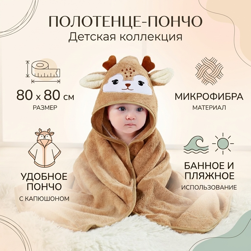 Полотенце-пончо 80x80 см, микрофибра, 1 шт,
