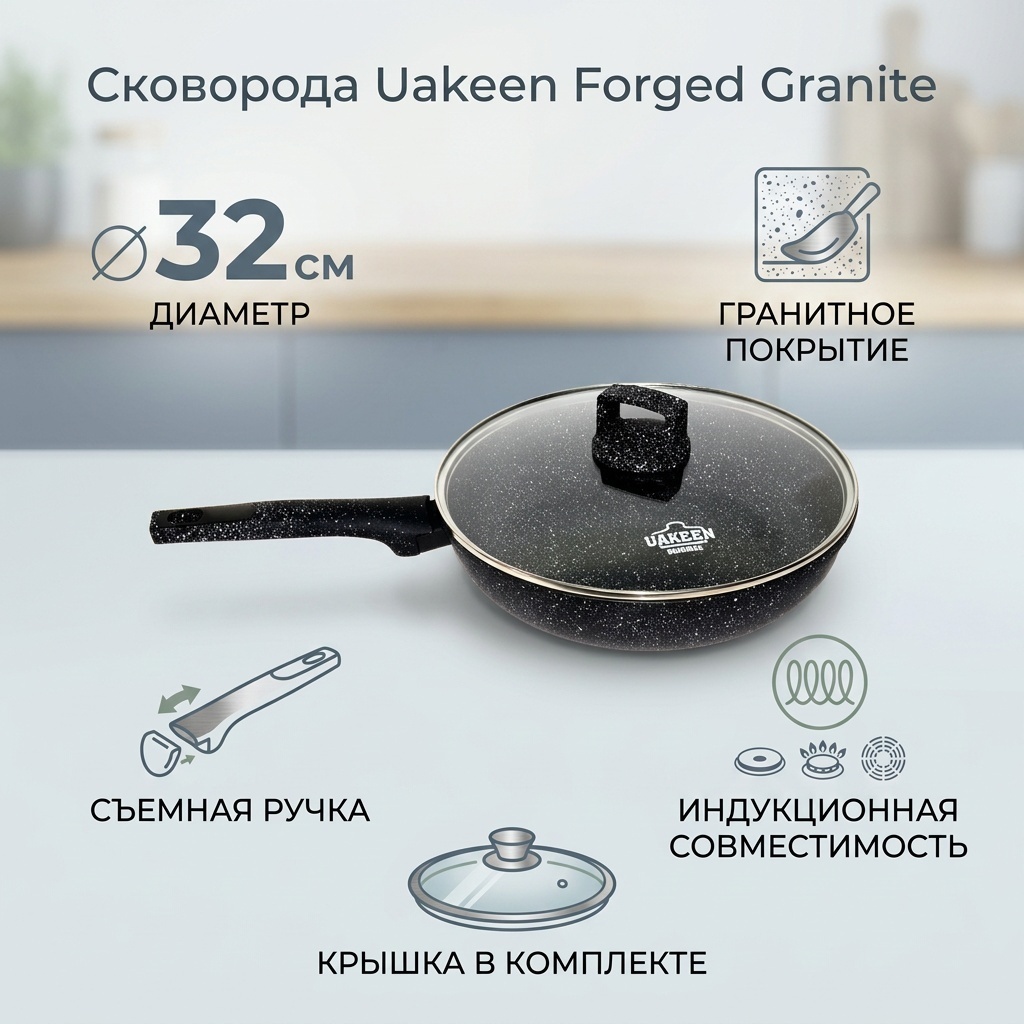 Сковорода Uakeen Forged Granite 32 см с антипригарным покрытием, алюминий