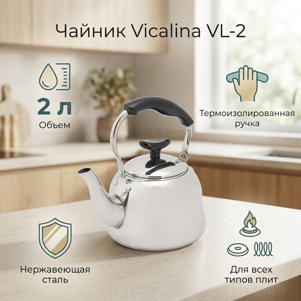 Vicalina чайник Vicalina чайник VL-2 VL-2 2 л, нержавеющая сталь, бакелит