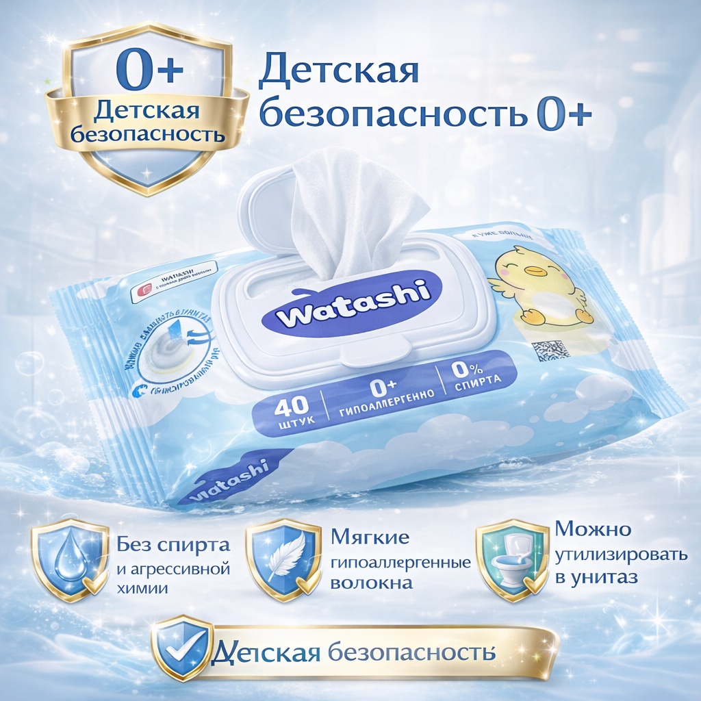 Влажные салфетки WATASHI влажная туалетная бумага для детей 40 шт