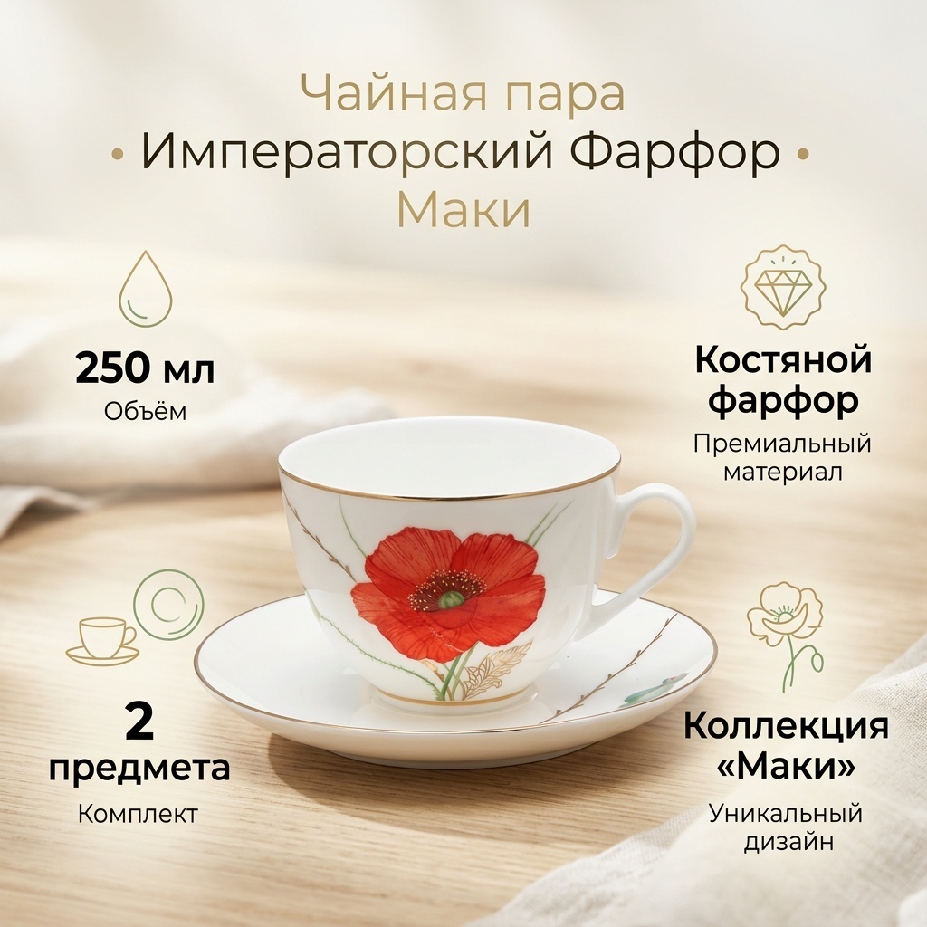 Чайная пара Императорский Фарфор , 250 мл, костяной фарфор, 1 шт.