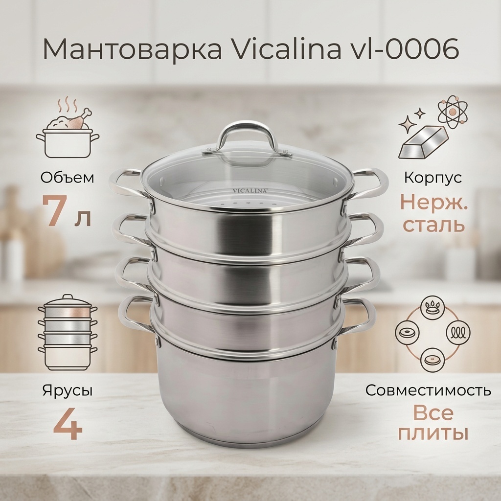 Мантоварка 7 л, Vicalina сталь, количество ярусов: 4