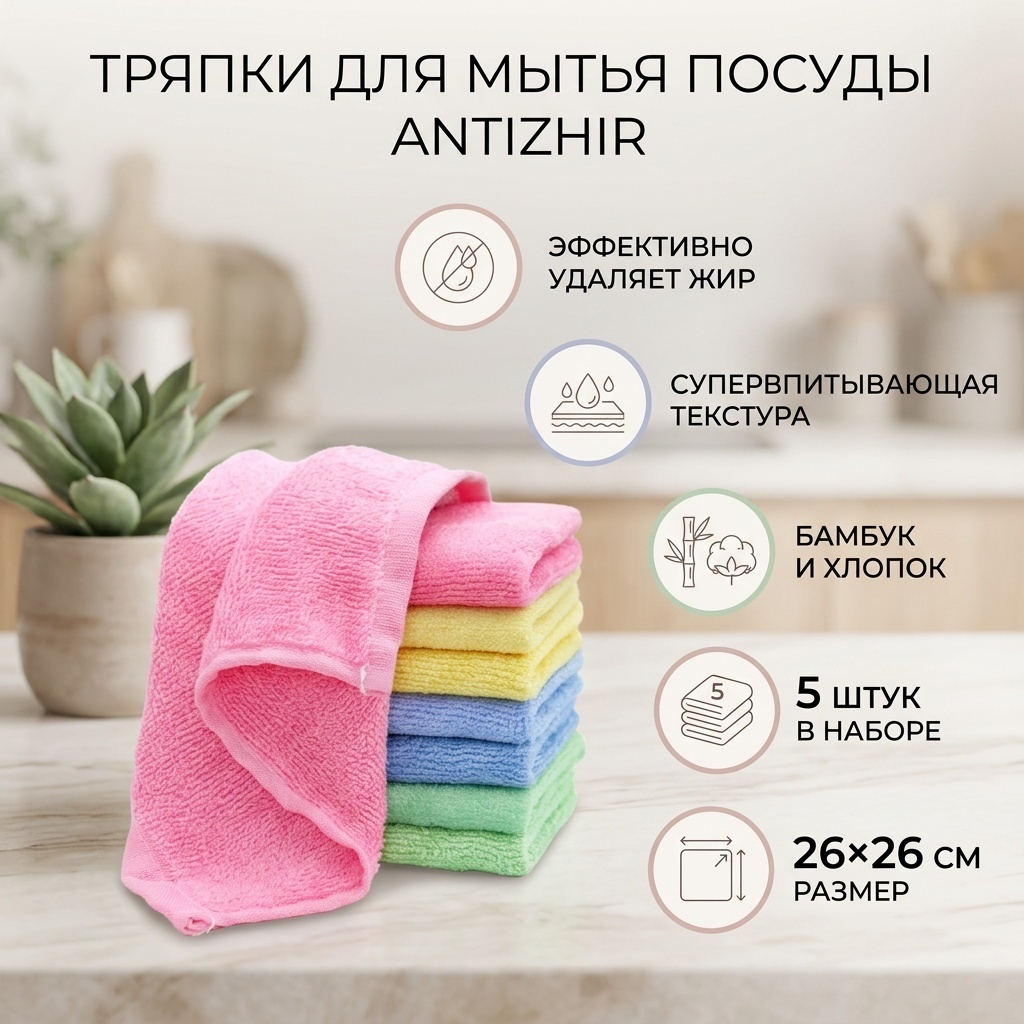 Тряпка для зеркал и стекол, для мебели, для металлических поверхностей, для посуды, для сантехники, для стеклокерамики, для фруктов и овощей, универсальная ANTIZHIR 5 шт, бамбук, хлопок