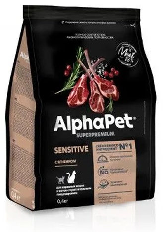 AlphaPet сухой корм для кошек с чуствит. пищеварением с ягненком ягненок 0.4 кг