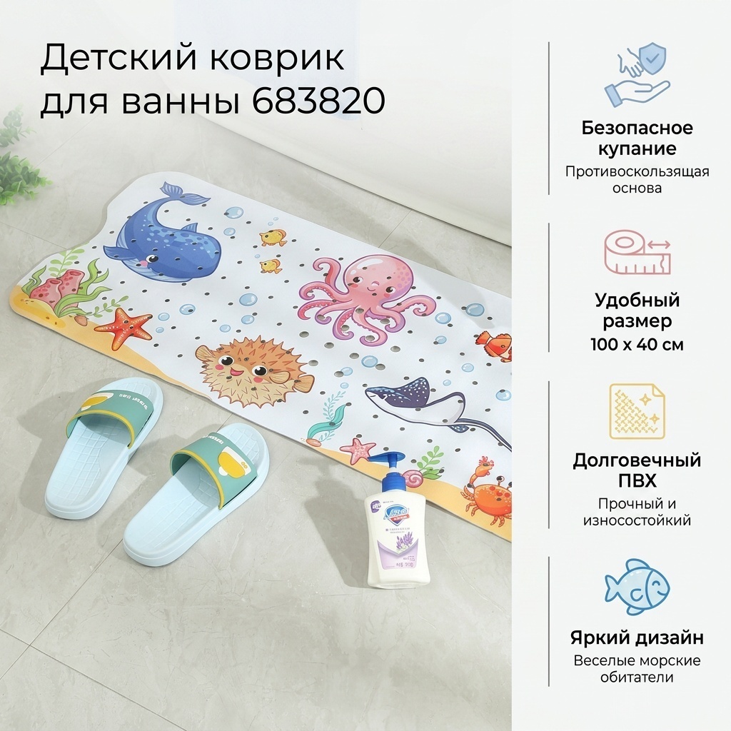 Коврик для ванны противоскользящий детский 683820 100x40 см, ПВХ