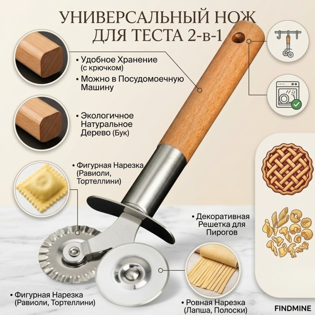 Ролик для теста FINDMINE дерево, нержавеющая сталь 1 шт