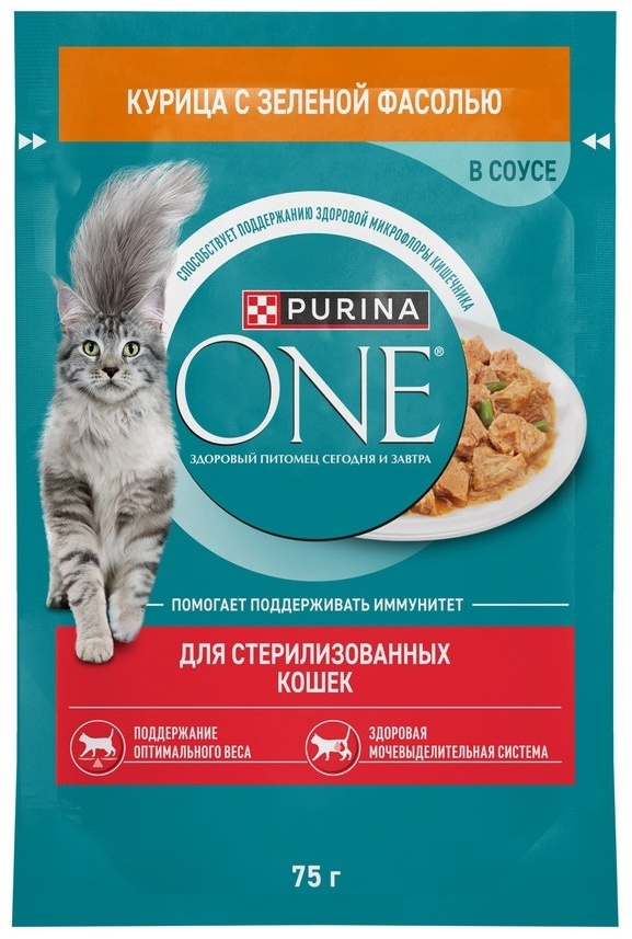 Корм Purina One для стерилизованных кусочки в соусе курица, фасоль 75 г 1 шт