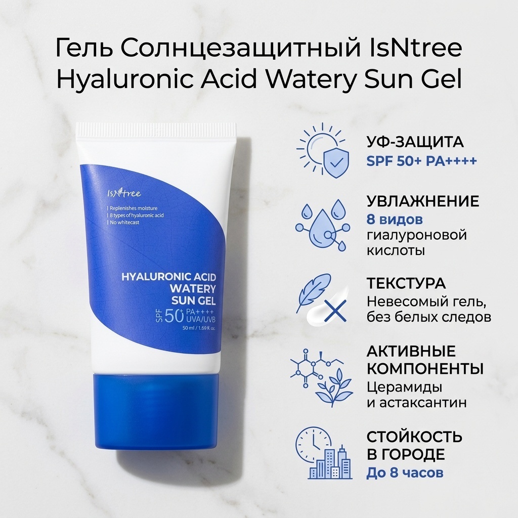 Isntree крем-гель Hyaluronic Acid Watery Sun Gel SPF50+ PA++++ для лица, для зоны декольте 50 мл