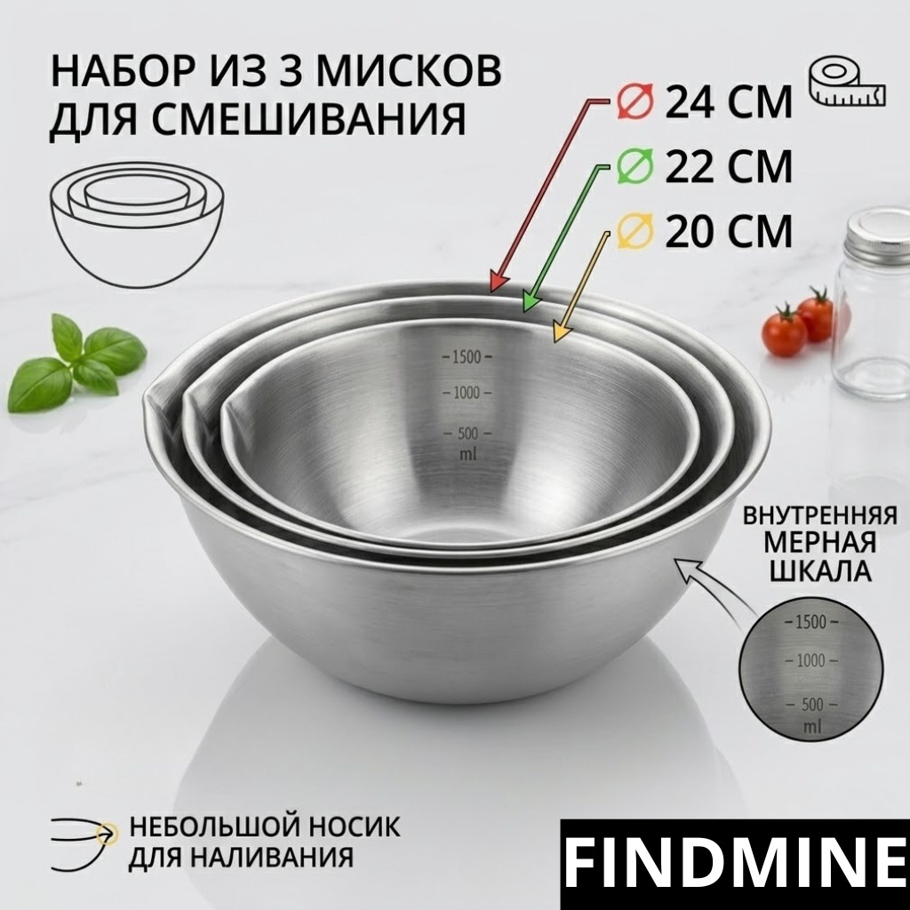 Набор мисок FINDMINE 24х24 см, нержавеющая сталь, 3 шт