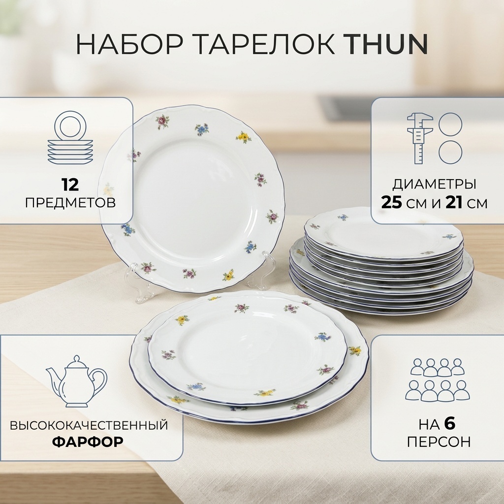 Набор тарелок THUN 21 см, 25 см, 12 шт, фарфор