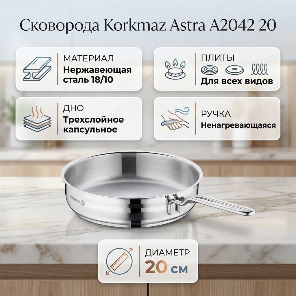 Сковорода Korkmaz Astra A2042 20 см , нержавеющая сталь