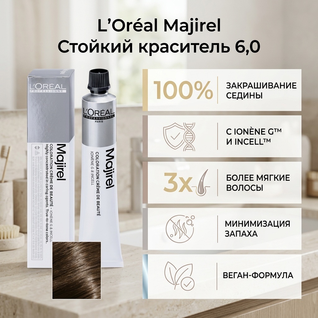 Loreal Professionnel Paris Краситель стойкий Majirel, тёмный блондин глубокий 6,0 крем-краска 60 мл