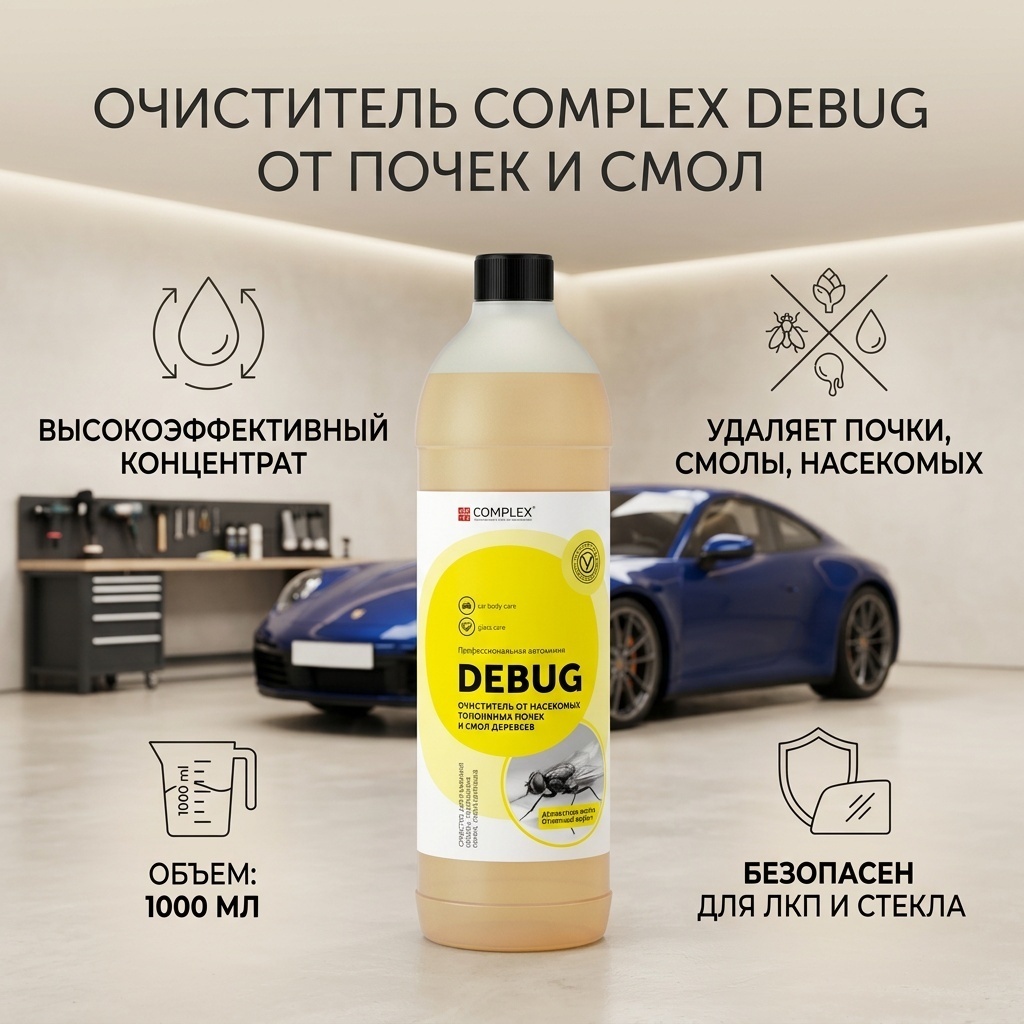 Жидкое средство Complex DEBUG Средство очиститель для удаления следов насекомых, почек, смол концентрат 1000 мл