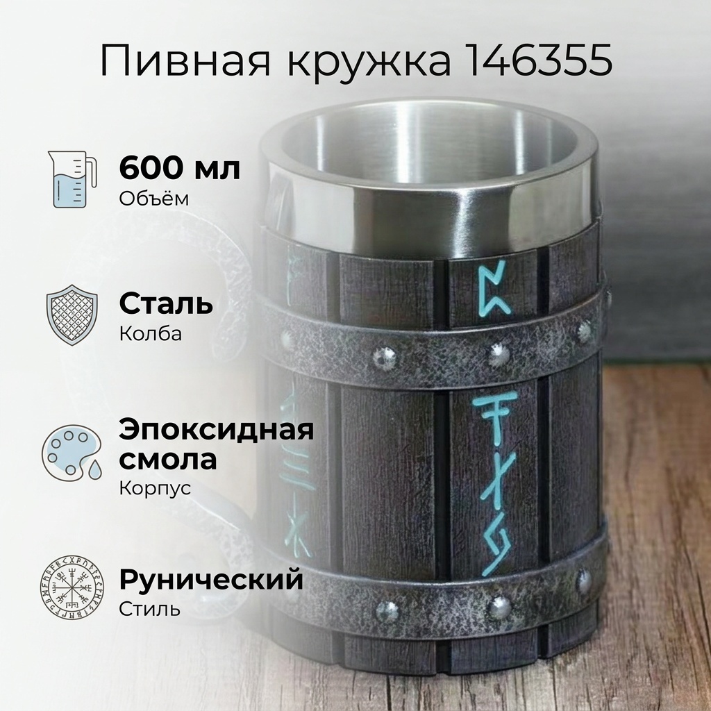 Пивная кружка 600 мл, нержавеющая сталь, эпоксидная смола, 1 шт