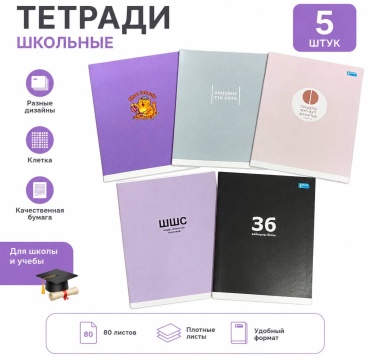 Набор школьных тетрадей BG, 48 л, А5, клетка, мягкая обложка, 5 шт