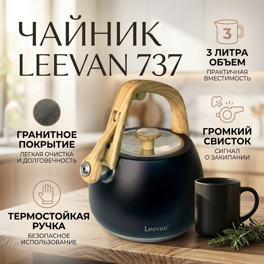 Leevan чайник 737 нержавеющая сталь 3 л, дерево, керамика, нержавеющая сталь