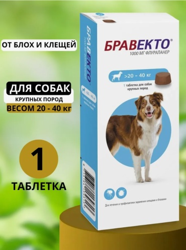 БРАВЕКТО от блох, от клещей, от власоедов, от вшей для собак 20-40 кг 1 таблетка