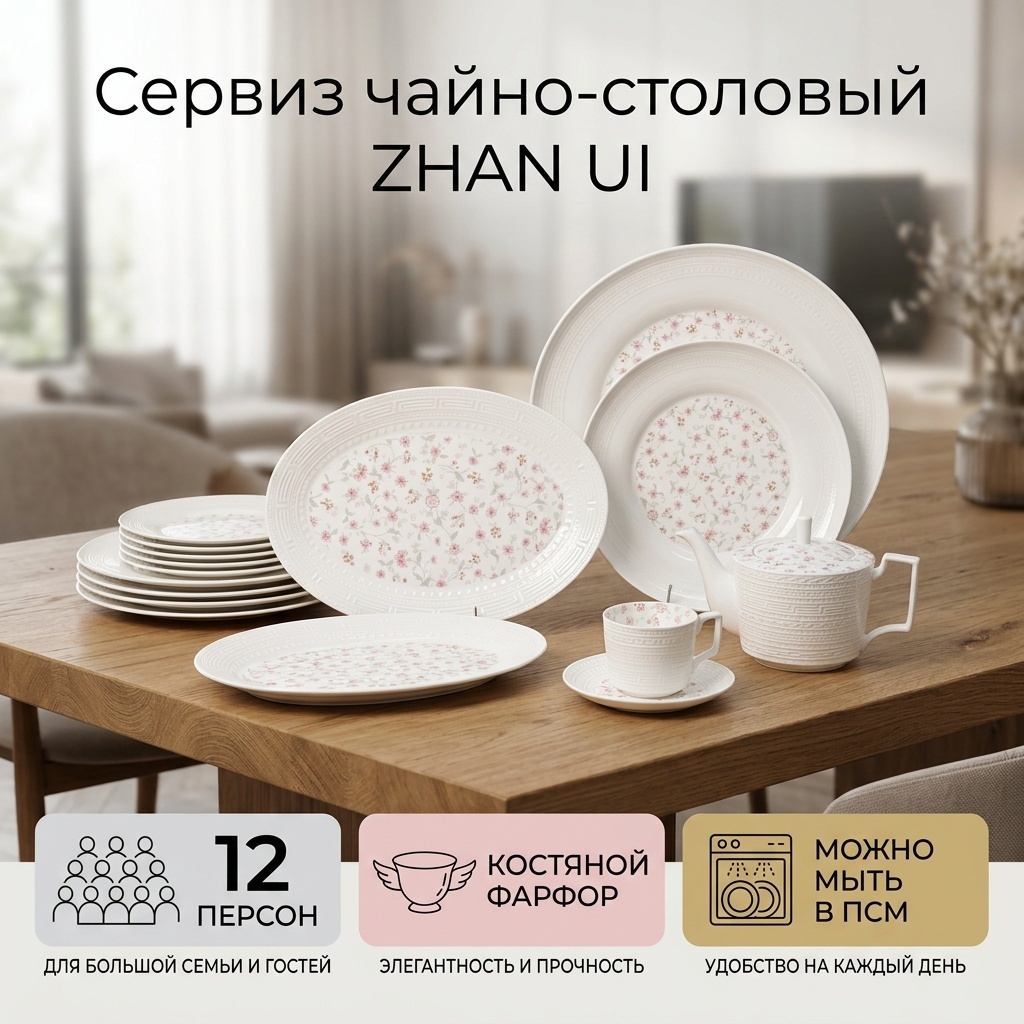 Сервиз на 12 персон ZHAN UI Цветы 846128500, предметов: 100, чайно-столовый, костяной фарфор
